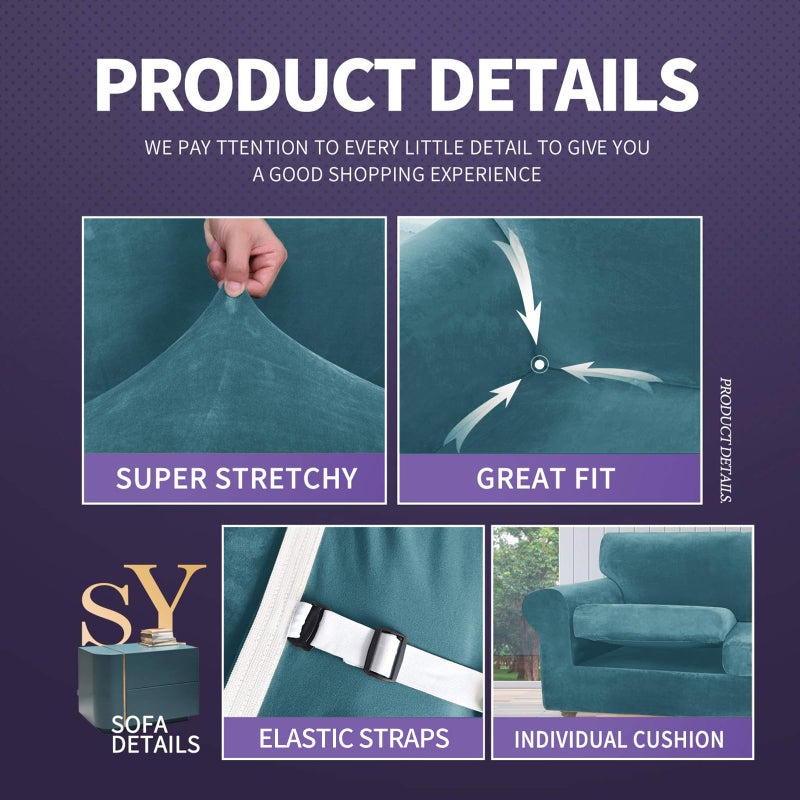 ZNSAYOTX Luxury Velvet Couch Cover 4 Piece (72"-92") Stretch Sofa Covers for 3 Cushion Couch Thick Soft Sofa Slipcover with Non Slip Strap, Dog Pet Friendly Nice Furniture Protector (Peacock Blue) - Image 4
